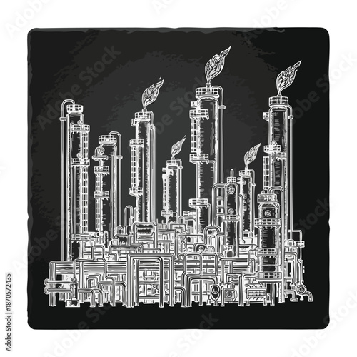Industrial refinery complex with smoking chimneys and intricate pipe systems, drawn in a chalk-like style on a dark background.