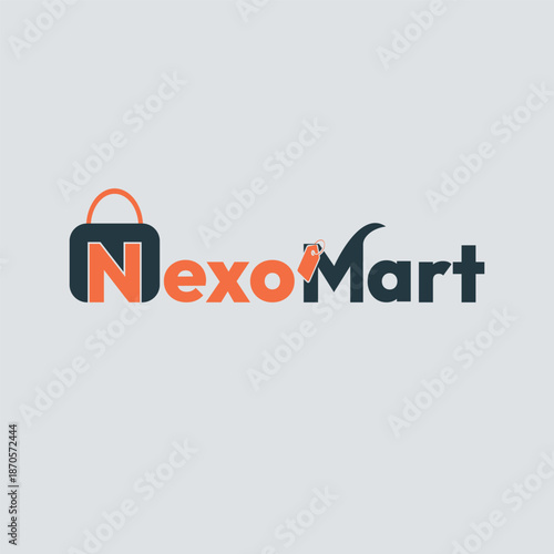 shopping bag logo design with price tag, orange and dark gray vector icon, online store branding, retail business symbol logotype