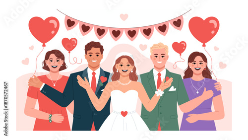 Wedding Bliss: Capturing a heartwarming moment of a wedding, the bride and groom radiate joy as they pose for a photo with their supportive family.