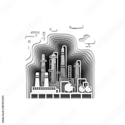 Monochromatic paper cut illustration of an industrial refinery complex with layered background and clouds