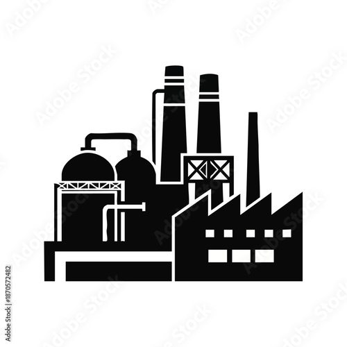 Industrial factory silhouette with smokestacks and tanks, representing manufacturing and production processes.