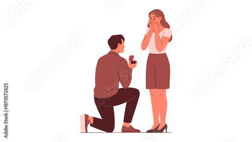 Eternal Promise: A man kneels, extending a ring to propose, capturing a pivotal moment of romance, love, and commitment. A woman stands in awe.