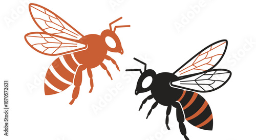 Two bees facing each other in a confrontational stance on a white background