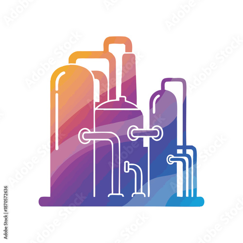 Colorful abstract illustration of industrial chemical plant with pipes and towers, representing industry and manufacturing