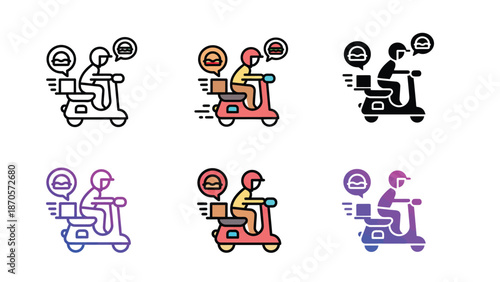A set of colorful icons depicting delivery riders on scooters with speech bubbles