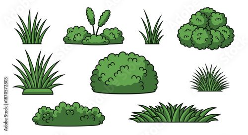 A collection of various cartoon green plants and bushes on a white background
