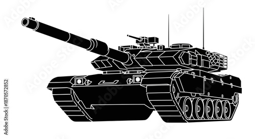 A black and white illustration of a military tank with a long gun barrel