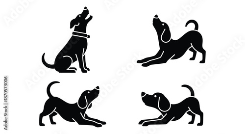 Four black dog silhouettes in different poses on a white background