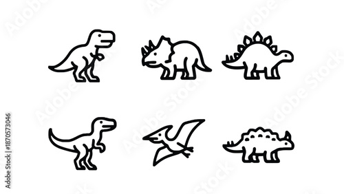 A set of simple black and white dinosaur illustrations on a clean background