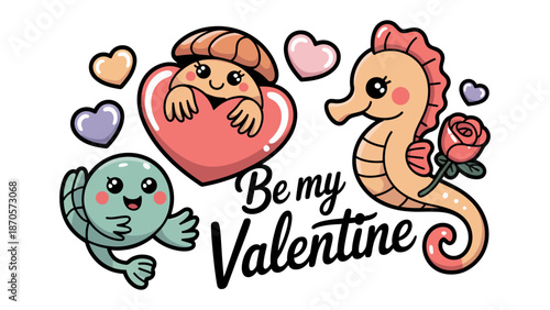 Be My Valentine: A whimsical Valentine's Day illustration, featuring charming cartoon characters and loving hearts.