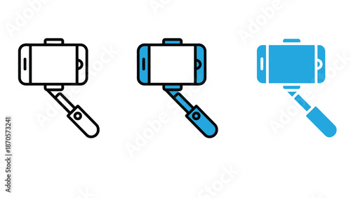 Three smartphone icons with selfie sticks on a white background
