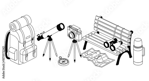 A collection of outdoor adventure gear and equipment for travel and exploration