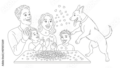 Family Moment: A heartwarming scene unfolds as a family, complete with a playful canine companion, engages in a shared activity, fostering bonds of love and unity. 