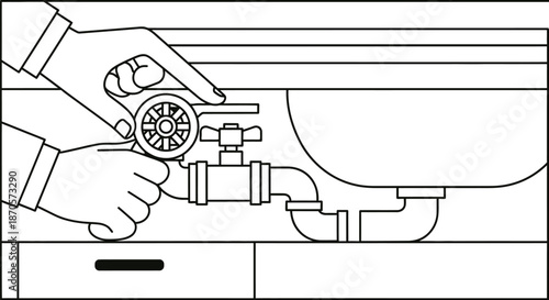 A person is adjusting the shut-off valve under a sink with their hands