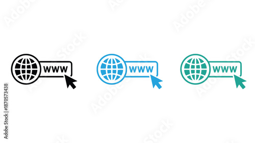 Three colorful icons of a globe with a cursor and www text on a white background