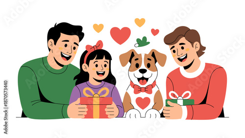 Family Celebration with a Beloved Dog:  a heartwarming family scene unfolds with a young girl, her two fathers, and their dog, as they joyfully exchange gifts.