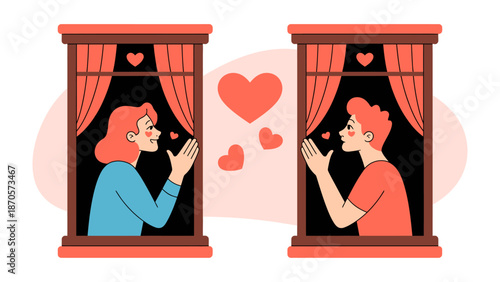 Love Across the Windows: A touching illustration of two individuals separated by windows, their love transcends distance with a cascade of hearts and tender gazes. 
