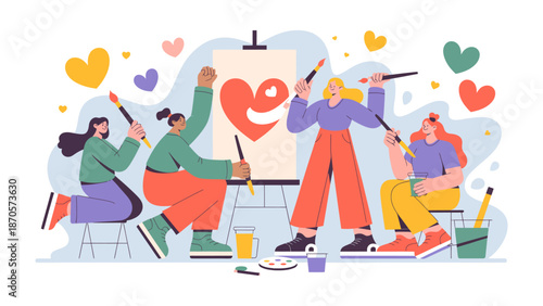 Artistic Hearts: Group of individuals painting a heart, expressing artistic passion.