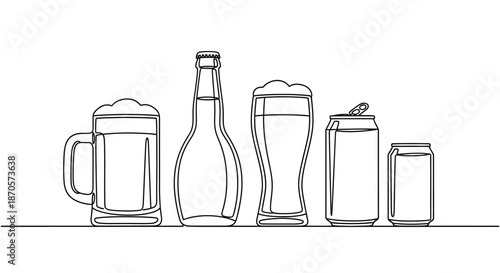 A minimalist line drawing of various beer glasses and bottles on a table