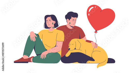 Unspoken Emotions: Two figures find solace and comfort together, accompanied by a loyal canine companion and a heartfelt symbol, as they navigate the depths of emotions.