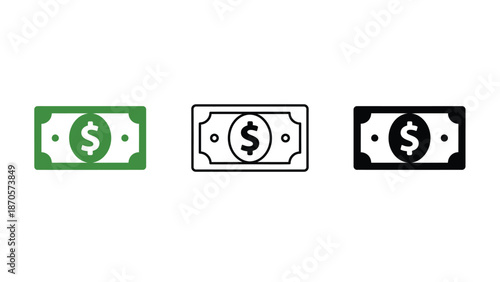 Three different dollar bill icons in green, black and white on a plain background