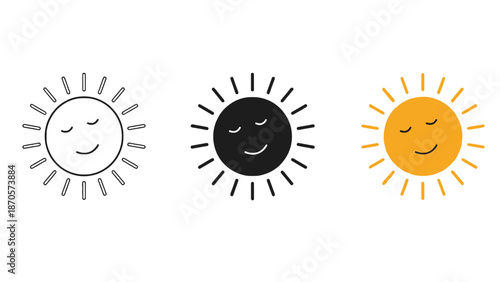A set of three smiling sun icons in different colors and styles.
