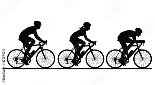 Three cyclists riding in a row on bicycles with silhouettes against a white background