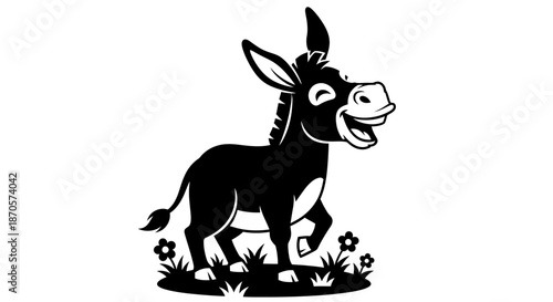 A cartoon donkey standing in a field of grass and flowers with a happy expression