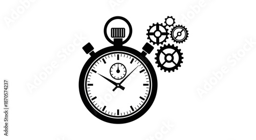 A stopwatch with gears on a white background representing time and mechanics