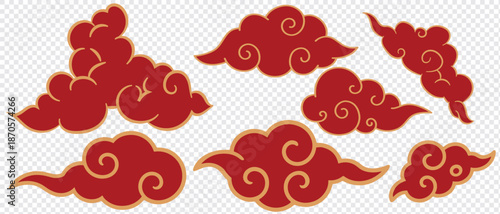 Chinese style clouds. Traditional korean clouds. Flat chinese or japanese red cloud silhouettes, decorative asian festival elements, oriental graphic decent vector set