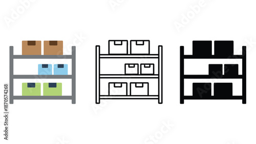 Three illustrations of shelving units with boxes on them in different colors and styles