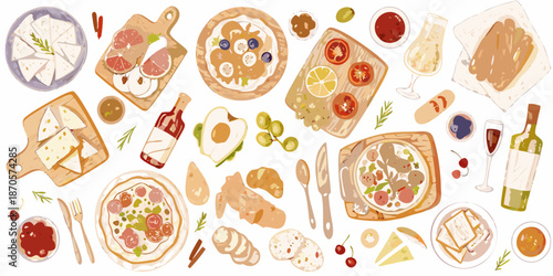 A colorful collection of watercolor food illustrations pizza pastries and charcuterie
