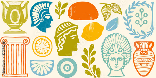 Ancient greece themed illustrations vases helmets fruits and classical architectural elements