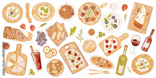 An artistic arrangement of various foods pizzas fruits and delectable snacks