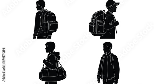 A black and white illustration of a man with different types of bags