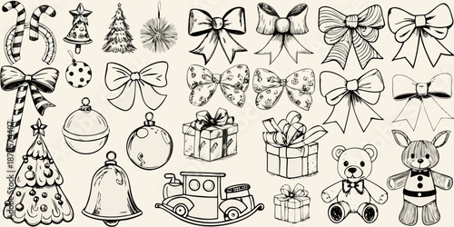 Vintage christmas ornaments and decorations sketch illustration collection for festive designs