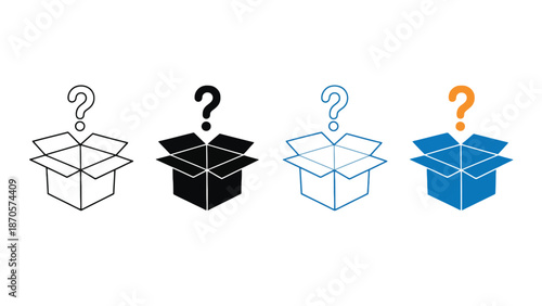 Four open boxes with question marks on a white background