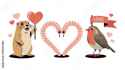 Love's Trio: An illustration depicts a charming scene of affection, featuring a prairie dog, a pair of worms in the shape of a heart, and a robin, all representing different facets of love.