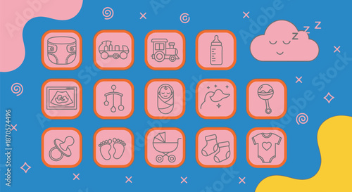 A colorful illustration of baby icons on a blue background with cute designs