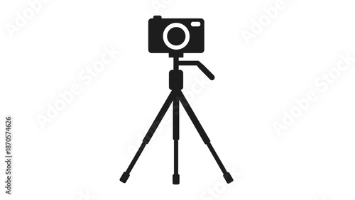 A black camera icon standing on a tripod against a white background