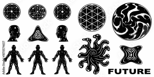 Geometric shapes human forms and abstract designs in a black and white composition