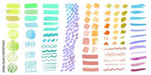 Collection of colorful watercolor brush strokes and textured paint patterns