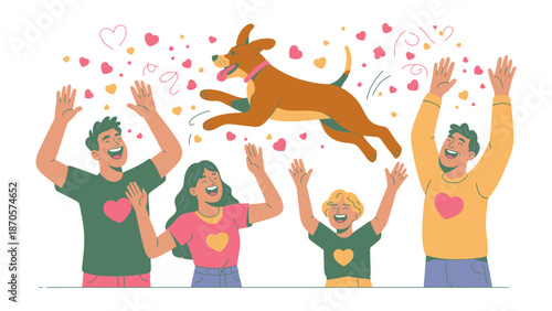 Joyful Reunion with a Playful Pup: A happy family joyfully welcomes their playful dog with open arms and showering love and affection, illustrated with heart symbols floating above. 