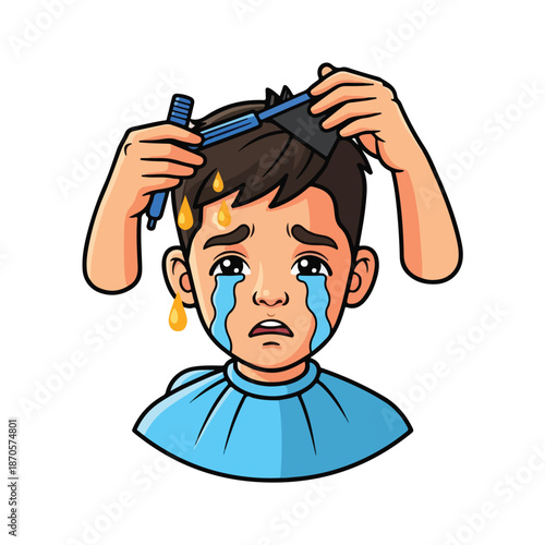 A cartoon boy crying while cutting his hair