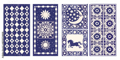 A collection of four vintage blue and white patterned tile designs