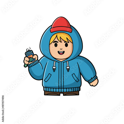 A cartoon boy in a blue hoodie holding a can