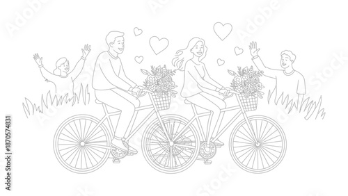 A bicycle Ride Of Friendship: A beautiful sketch portrays the joy of friendship as a group of people leisurely cycles together. The scene, filled with flowers and love.