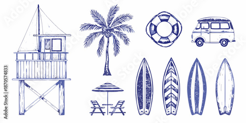 Sketch of beach elements including a lifeguard tower palm tree and surfboards