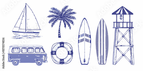 A collection of summer icons sailboat palm tree surfboards and a lighthouse
