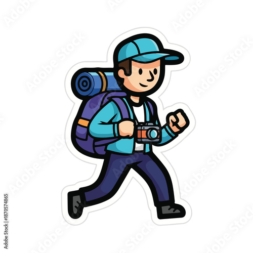 A cartoon boy with a backpack and camera